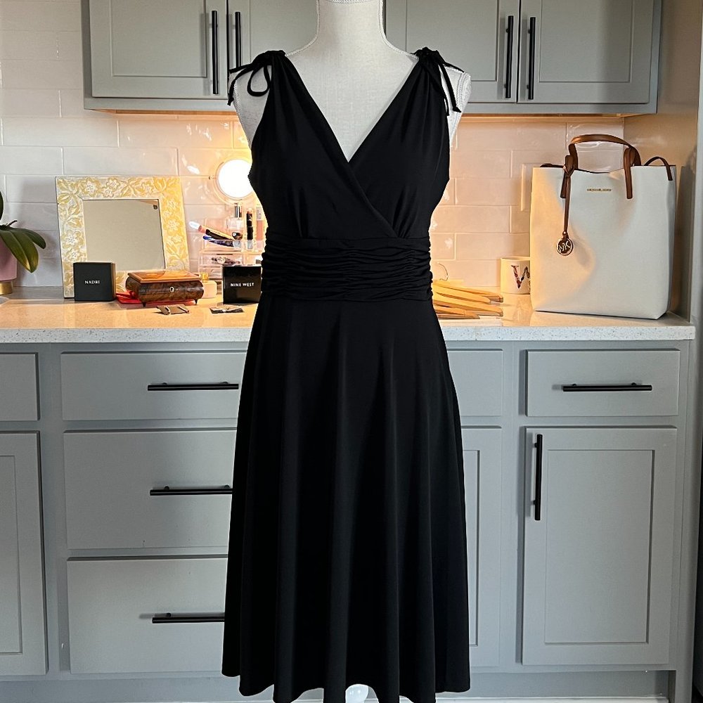 Little Black Dress with Shoulder Ties Cummerbund Waist Midi Length Size Small